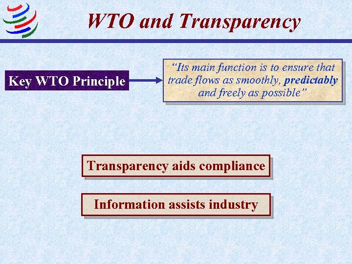 WTO and Transparency Key WTO Principle “Its main function is to ensure that trade