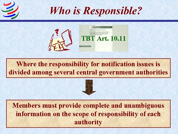 Who is Responsible? TBT Art. 10. 11 Where the responsibility for notification issues is