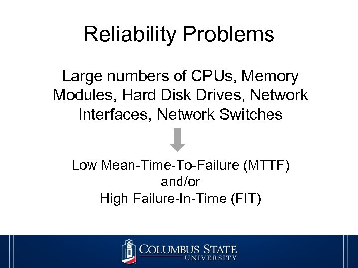 Reliability Problems Large numbers of CPUs, Memory Modules, Hard Disk Drives, Network Interfaces, Network