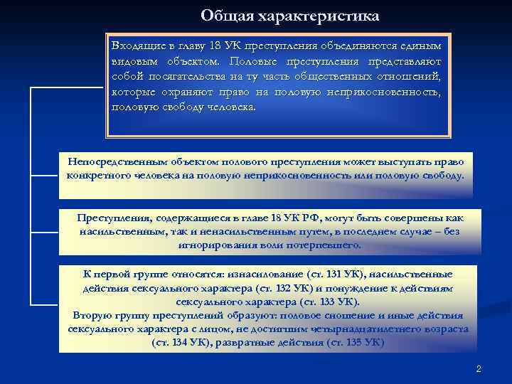 Общая характеристика Входящие в главу 18 УК преступления объединяются единым видовым объектом. Половые преступления