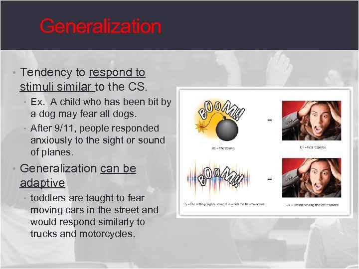 Generalization • Tendency to respond to stimuli similar to the CS. • Ex. A