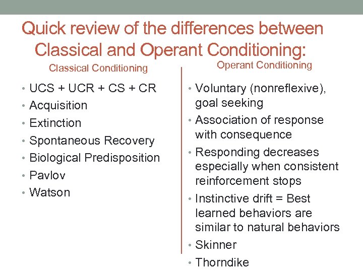 Quick review of the differences between Classical and Operant Conditioning: Classical Conditioning Operant Conditioning