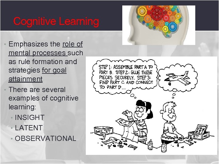 Cognitive Learning • Emphasizes the role of mental processes such as rule formation and
