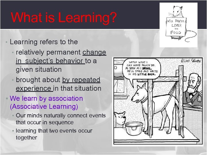 What is Learning? • Learning refers to the • relatively permanent change in subject’s