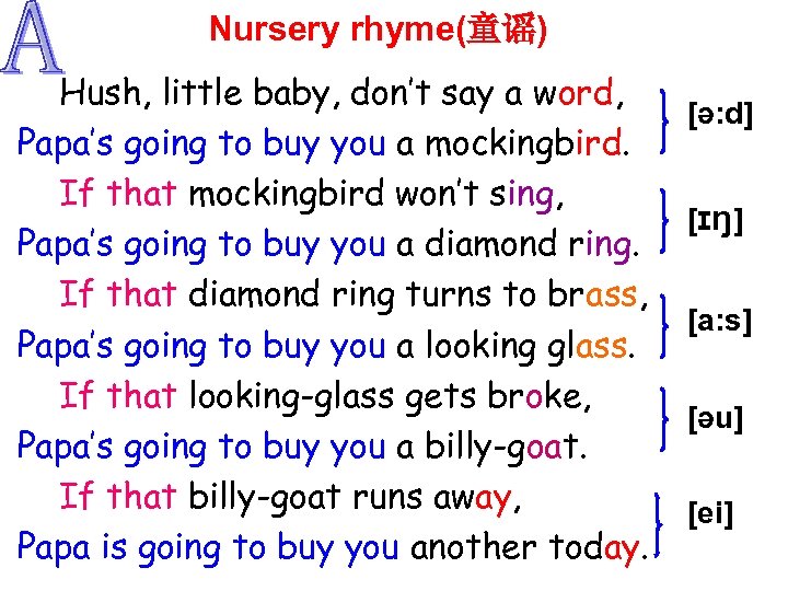 Nursery rhyme(童谣) Hush, little baby, don’t say a word, Papa’s going to buy you