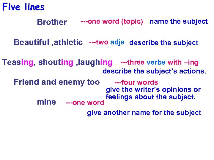 Five lines Brother ---one word (topic) name the subject Beautiful , athletic ---two adjs