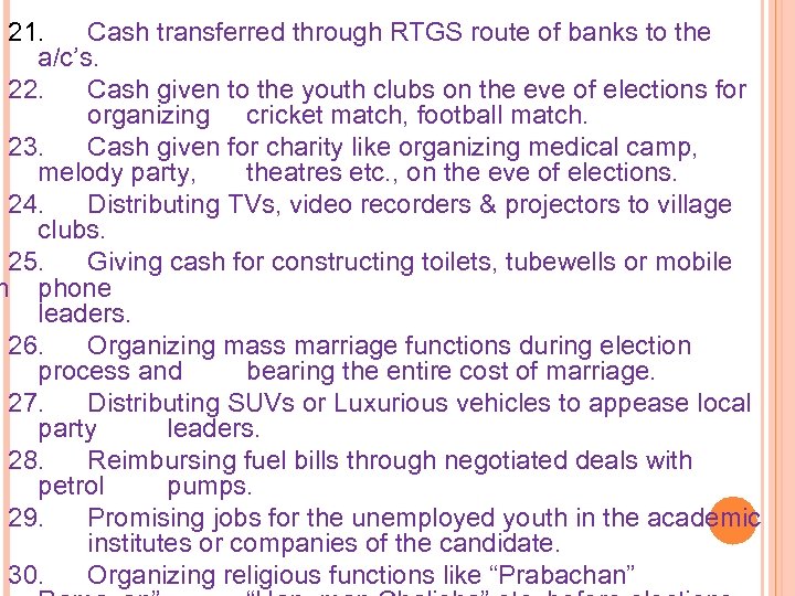 21. Cash transferred through RTGS route of banks to the a/c’s. 22. Cash given