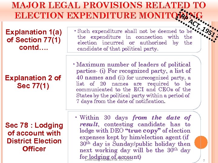 MAJOR LEGAL PROVISIONS RELATED TO RP ELECTION EXPENDITURE MONITORING A Explanation 1(a) of Section