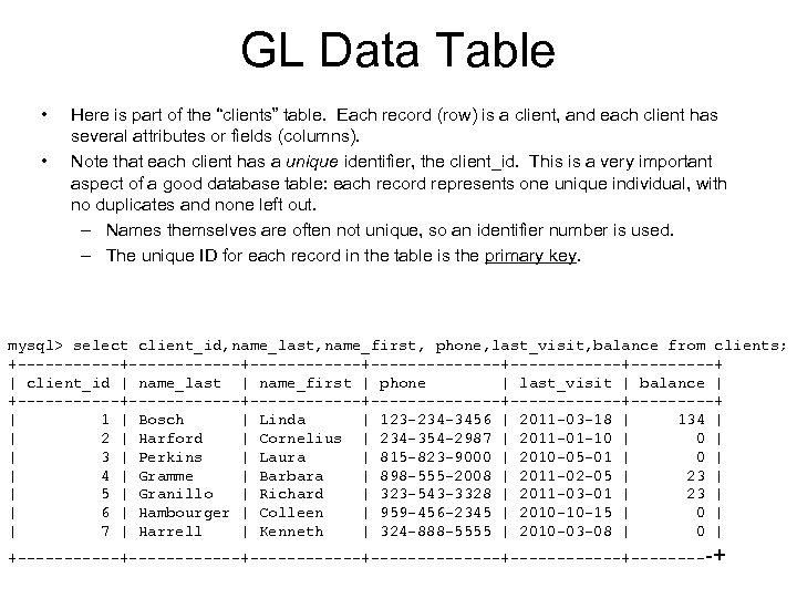 GL Data Table • • Here is part of the “clients” table. Each record