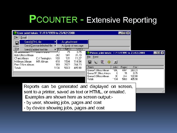 PCOUNTER - Extensive Reporting Reports can be generated and displayed on screen, sent to