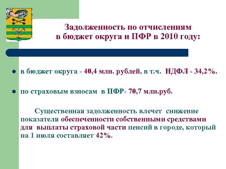 Задолженность по отчислениям в бюджет округа и ПФР в 2010 году: l в бюджет