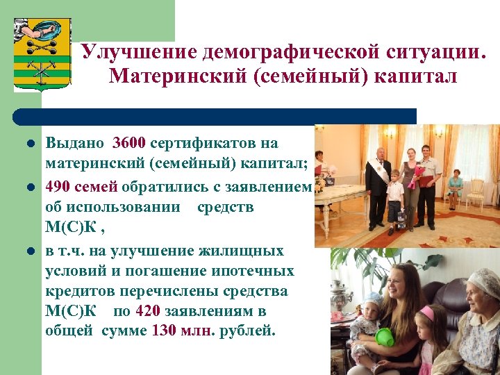Улучшение демографической ситуации. Материнский (семейный) капитал l l l Выдано 3600 сертификатов на материнский
