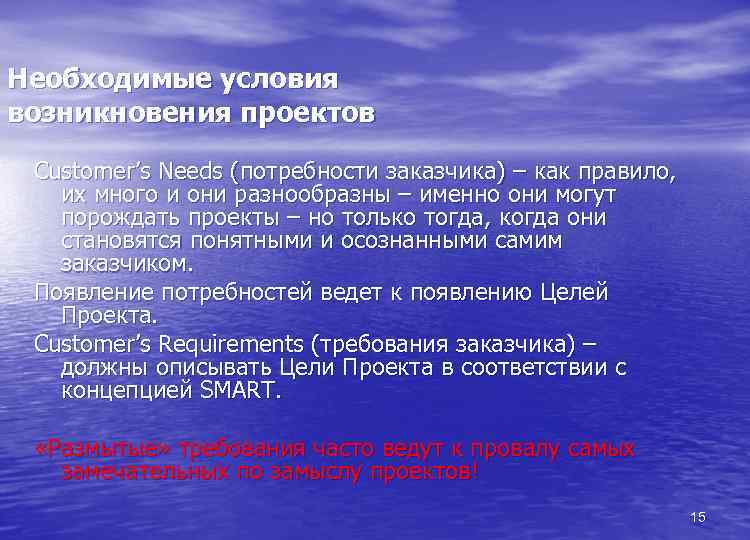 Необходимые условия возникновения проектов Customer’s Needs (потребности заказчика) – как правило, их много и