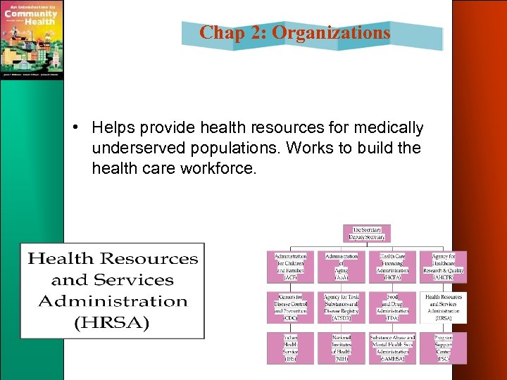 Chap 2: Organizations • Helps provide health resources for medically underserved populations. Works to