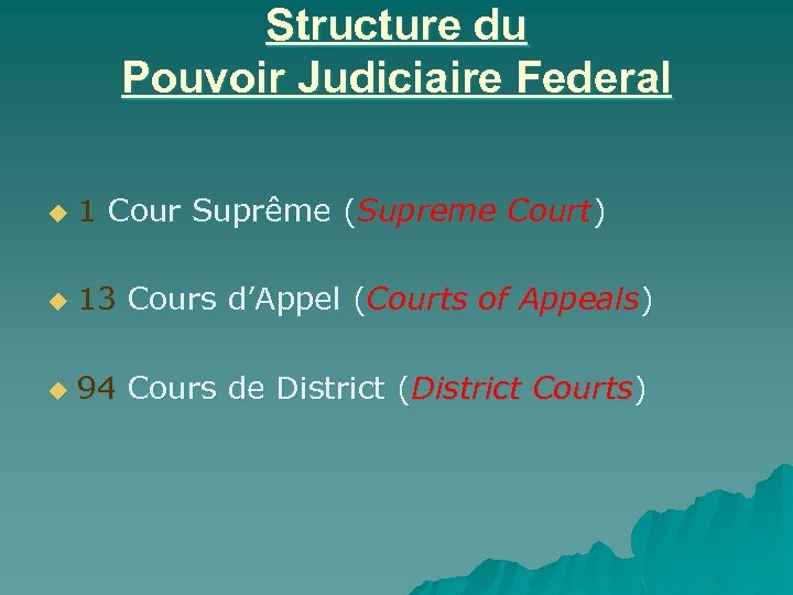 Structure du Pouvoir Judiciaire Federal u 1 Cour Suprême (Supreme Court) u 13 Cours