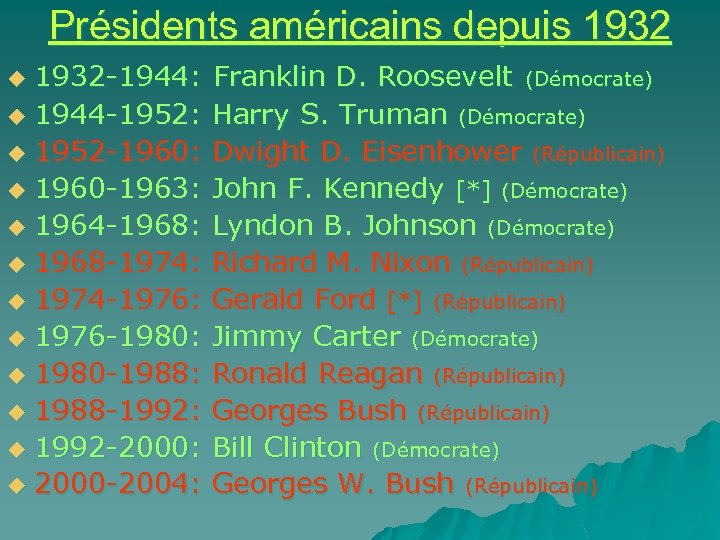 Présidents américains depuis 1932 -1944: Franklin D. Roosevelt (Démocrate) u 1944 -1952: Harry S.