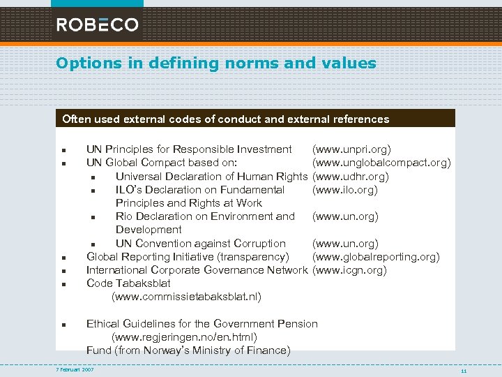 Options in defining norms and values Often used external codes of conduct and external