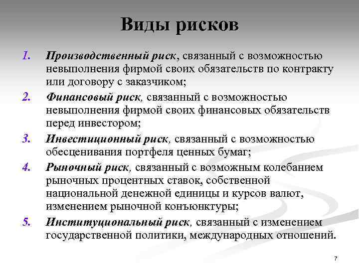 Виды рисков 1. 2. 3. 4. 5. Производственный риск, связанный с возможностью невыполнения фирмой