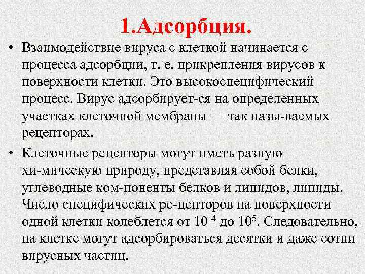 1. Адсорбция. • Взаимодействие вируса с клеткой начинается с процесса адсорбции, т. е. прикрепления