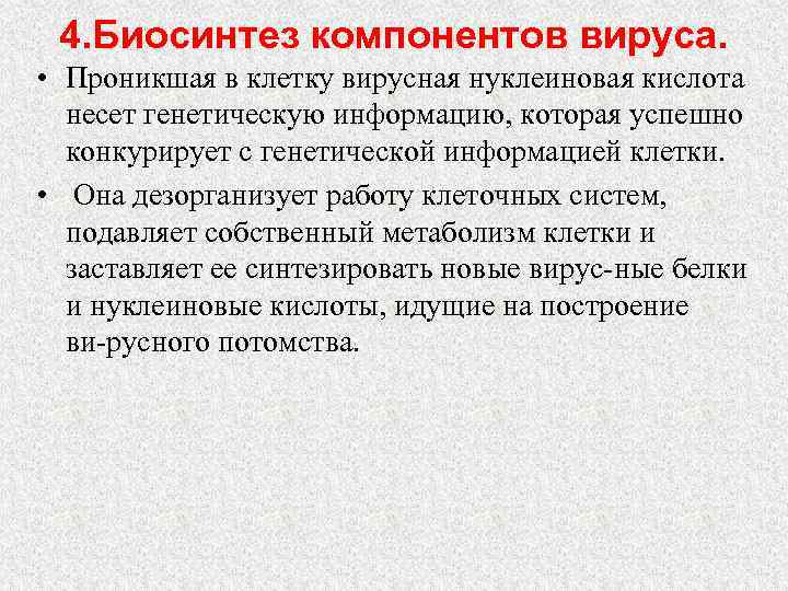 4. Биосинтез компонентов вируса. • Проникшая в клетку вирусная нуклеиновая кислота несет генетическую информацию,