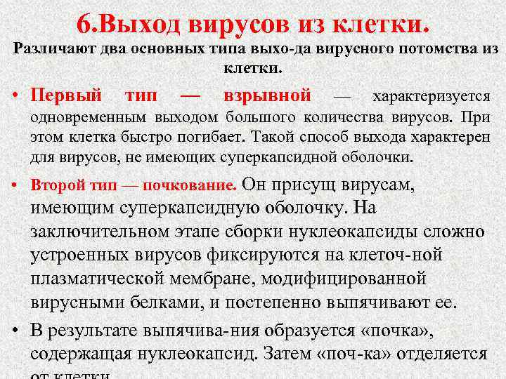 6. Выход вирусов из клетки. Различают два основных типа выхо да вирусного потомства из