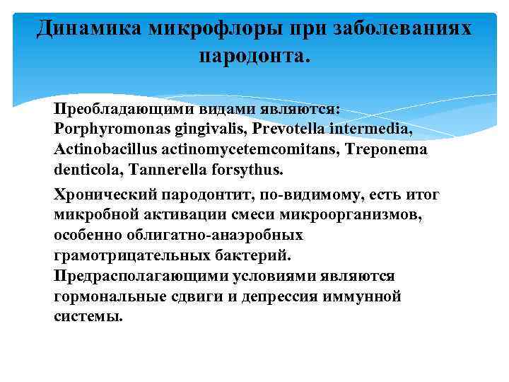 Динамика микрофлоры при заболеваниях пародонта. Преобладающими видами являются: Porphyromonas gingivalis, Prevotella intermedia, Actinobacillus actinomycetemcomitans,