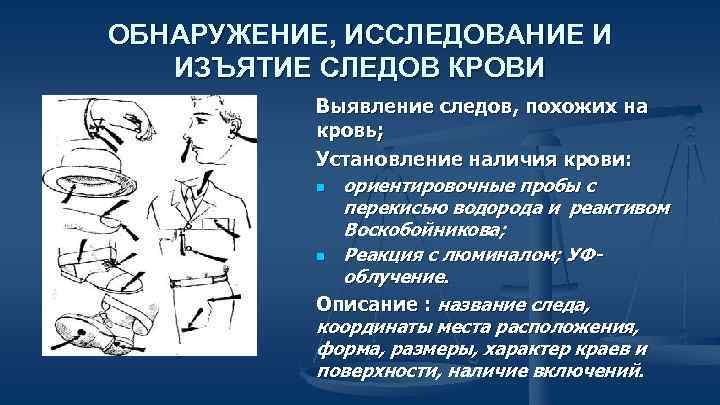 ОБНАРУЖЕНИЕ, ИССЛЕДОВАНИЕ И ИЗЪЯТИЕ СЛЕДОВ КРОВИ Выявление следов, похожих на кровь; Установление наличия крови: