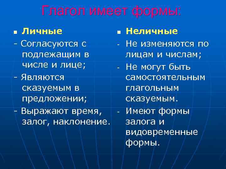 Глагол имеет формы: Личные - Согласуются с подлежащим в числе и лице; - Являются
