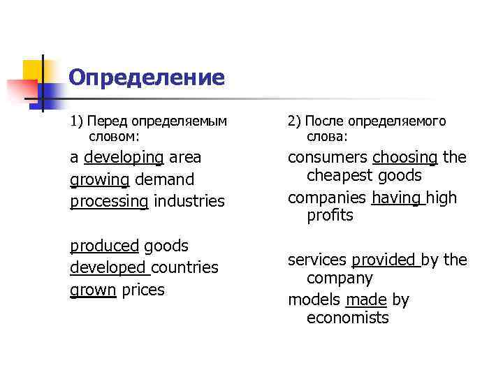 Определение 1) Перед определяемым словом: 2) После определяемого слова: a developing area growing demand