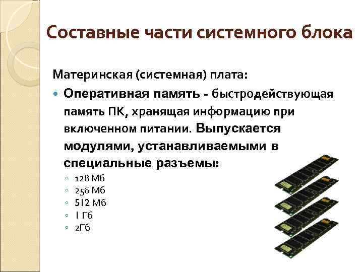 Составные части системного блока Материнская (системная) плата: Оперативная память - быстродействующая память ПК, хранящая