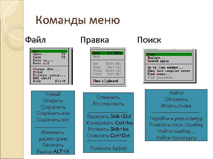 Команды меню Файл Правка Поиск Новый Открыть Сохранить как Сохранить все Изменить директорию Печатать