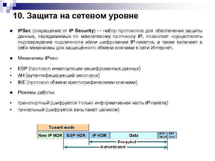 10. Защита на сетевом уровне n IPSec (сокращение от IP Security) — набор протоколов