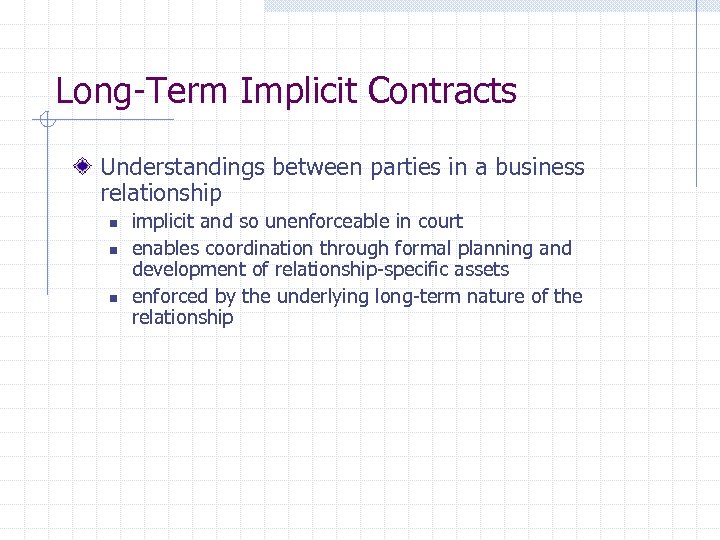 Long-Term Implicit Contracts Understandings between parties in a business relationship n n n implicit