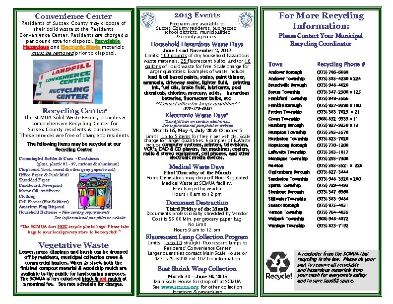 Convenience Center Residents of Sussex County may dispose of their solid waste at the