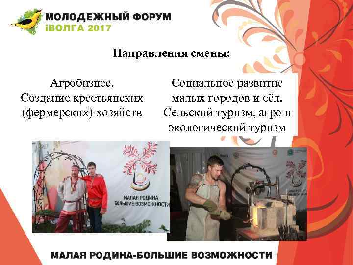 Направления смены: Агробизнес. Создание крестьянских (фермерских) хозяйств Социальное развитие малых городов и сёл. Сельский