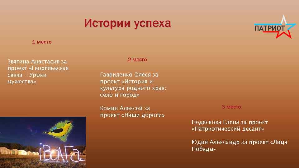 Истории успеха 1 место Звягина Анастасия за проект «Георгиевская свеча - Уроки мужества» 2