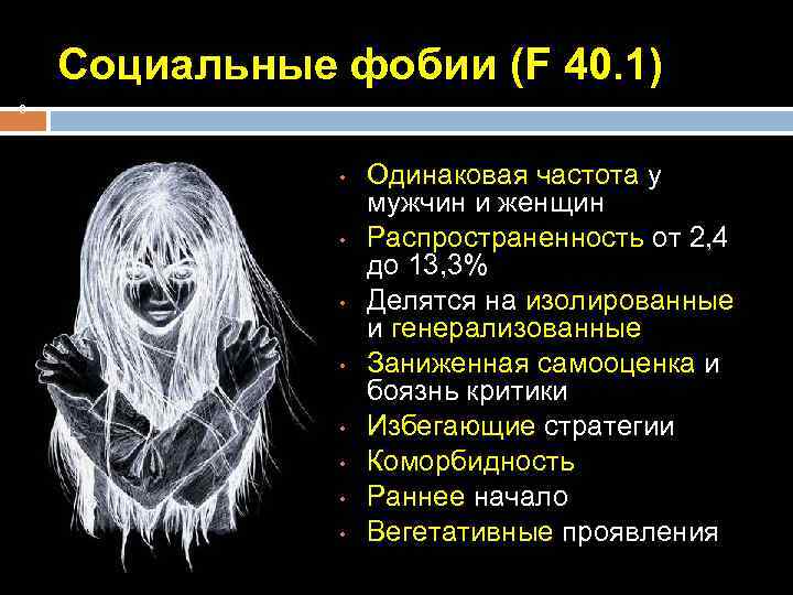 Социальные фобии (F 40. 1) 6 • • Одинаковая частота у мужчин и женщин