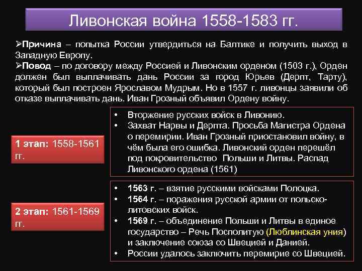 Ливонская война 1558 -1583 гг. ØПричина – попытка России утвердиться на Балтике и получить