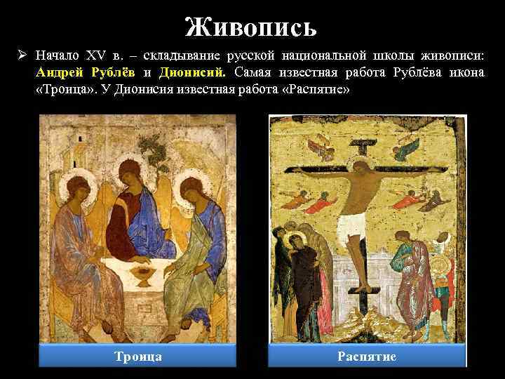 Живопись Ø Начало XV в. – складывание русской национальной школы живописи: Андрей Рублёв и