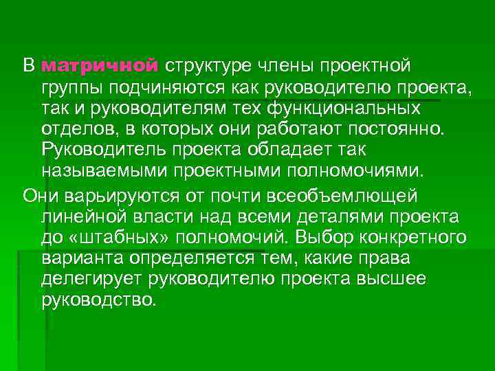 В матричной структуре члены проектной группы подчиняются как руководителю проекта, так и руководителям тех