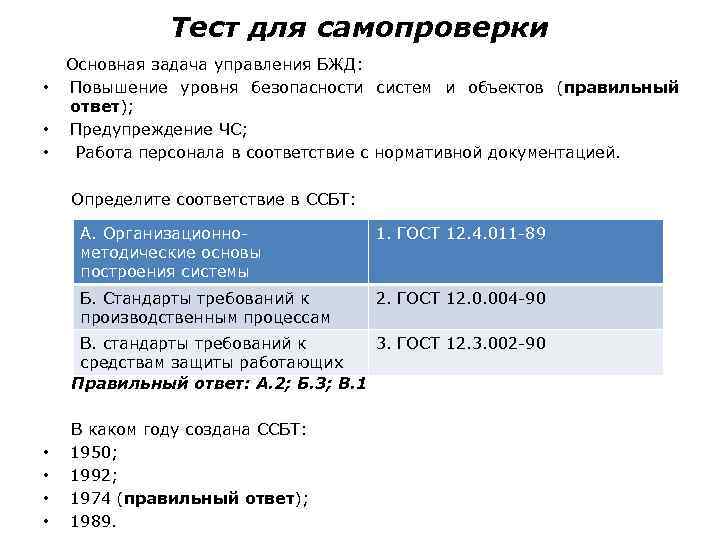 Тест для самопроверки Основная задача управления БЖД: • Повышение уровня безопасности систем и объектов