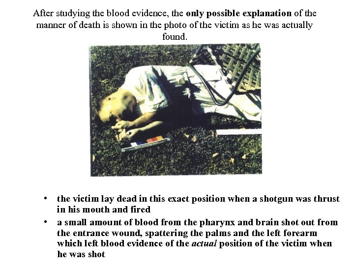 After studying the blood evidence, the only possible explanation of the manner of death