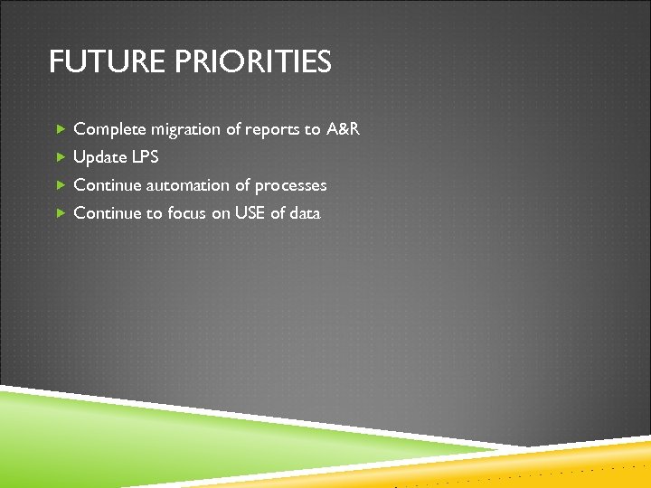 FUTURE PRIORITIES Complete migration of reports to A&R Update LPS Continue automation of processes