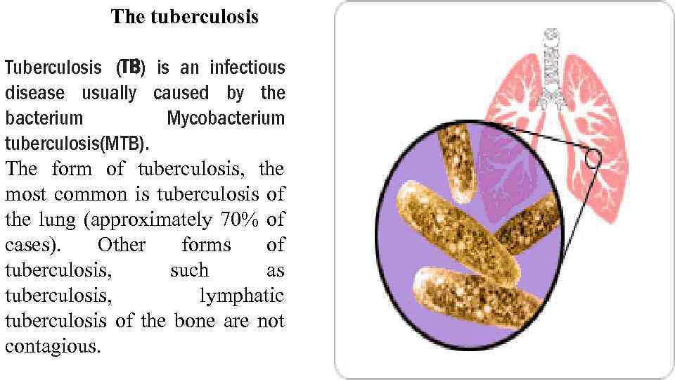  The tuberculosis Tuberculosis (TB) is an infectious disease usually caused by the bacterium