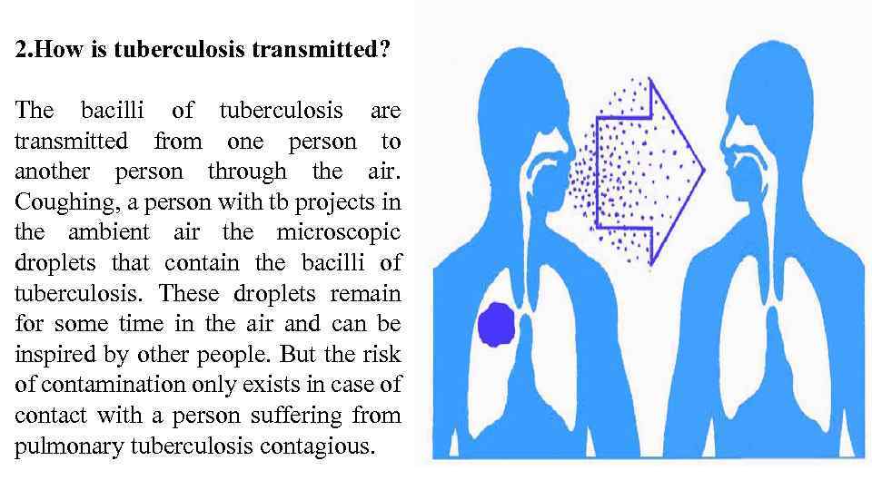 2. How is tuberculosis transmitted? The bacilli of tuberculosis are transmitted from one person