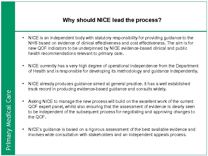 Why should NICE lead the process? NICE is an independent body with statutory responsibility