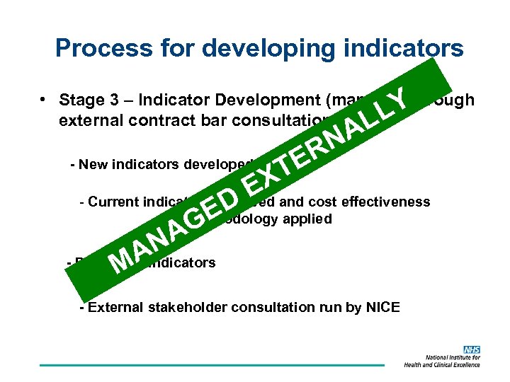 Process for developing indicators LY AL • Stage 3 – Indicator Development (managed through