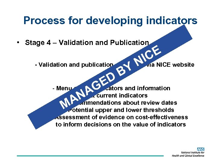 Process for developing indicators • Stage 4 – Validation and Publication E IC N
