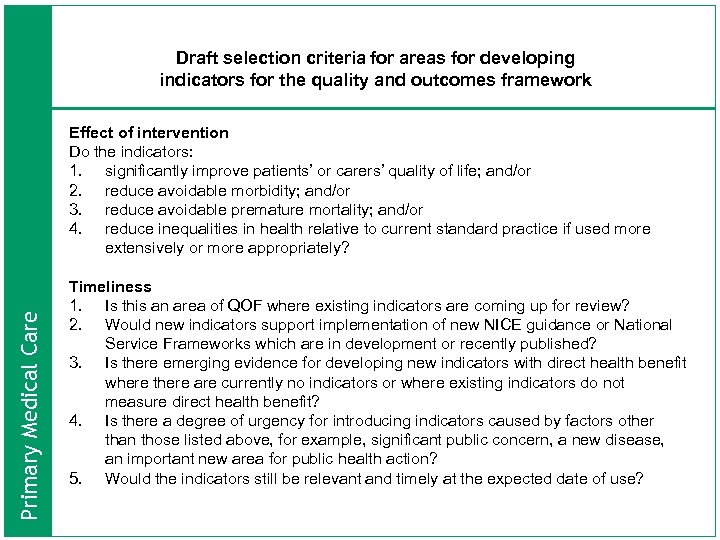 Draft selection criteria for areas for developing indicators for the quality and outcomes framework
