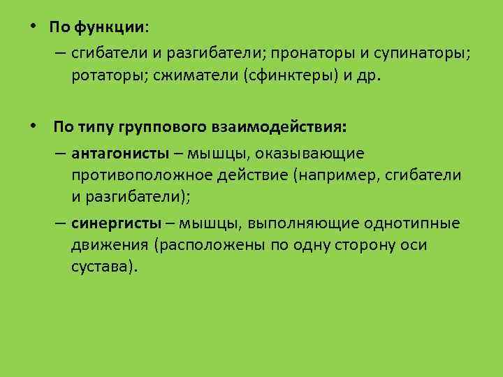 • По функции: – сгибатели и разгибатели; пронаторы и супинаторы; ротаторы; сжиматели (сфинктеры)